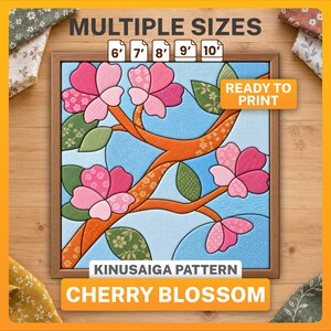 Puede incluir: Un patrón Kinusaiga cuadrado con diseño de flor de cerezo, flores rosas, ramas naranjas y hojas verdes sobre fondo azul claro. El texto incluye MULTIPLE SIZES, 6', 7', 8', 9', 10', READY TO PRINT y CHERRY BLOSSOM.