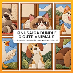 Könnte beinhalten: Ein Kinusaiga-Set mit 6 niedlichen Tieren, bestehend aus Stoffkunstwerken eines Waschbären, einer Katze, eines Hundes, einer Gans, eines Beagles und eines weiteren Tieres. Der Text lautet KINUSAIGA BUNDLE 6 CUTE ANIMALS Includes Color Reference - Print-Ready (3 Sizes) PDF & PNG.