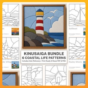 Kinusaiga Coastal Life Patterns, 6 Print-Ready Templates, No Sew Art (PDF & PNG)
