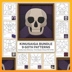 Pode incluir: Um pacote Kinusaiga de 9 padrões góticos com uma peça de arte central de uma caveira emoldurada. A coleção inclui modelos de arte linear para um gato preto, morcego, vela, rosa, mariposa, lua, caveira, janela gótica e coração, com referências de cores.
