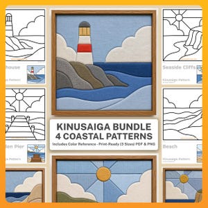 Op de afbeelding: Een Kinusaiga-bundel met vier kustpatronen, waaronder een vuurtoren, kliffen, een houten pier en een strand. De set bevat printklare PDF- en PNG-bestanden in drie formaten, samen met een kleurreferentie voor elk van de vier ontwerpen.