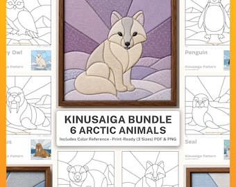 May include: A Kinusaiga bundle of 6 Arctic animals featuring a central framed fabric art piece of a fox in shades of beige and purple, surrounded by black and white line art patterns of an owl, penguin, walrus, seal, bear, and another fox.
