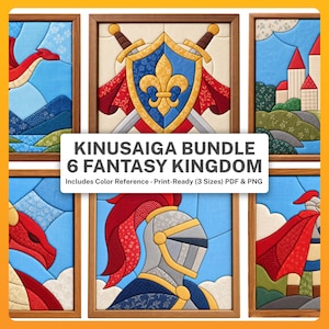 May include: A Kinusaiga bundle of 6 fantasy kingdom fabric art pieces in wooden frames. The designs feature a red dragon, a blue shield with a gold fleur-de-lis, a castle, and a knight in armour. Text reads: KINUSAIGA BUNDLE 6 FANTASY KINGDOM.