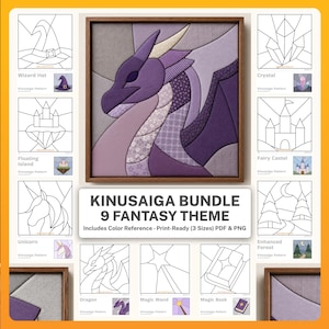 Könnte beinhalten: Ein Kinusaiga-Paket mit neun Fantasy-Mustern, darunter ein Drache, ein Zauberhut, ein Kristall, eine schwebende Insel, ein Feenschloss, ein Einhorn, ein Zauberstab und ein Zauberbuch. Das zentrale Bild zeigt ein gerahmtes lila Stoff-Mosaik-Kunstwerk.