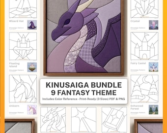 May include: A Kinusaiga bundle featuring nine fantasy-themed patterns including a dragon, wizard hat, crystal, floating island, fairy castle, unicorn, magic wand, and magic book. The central image shows a framed purple fabric dragon mosaic art piece.