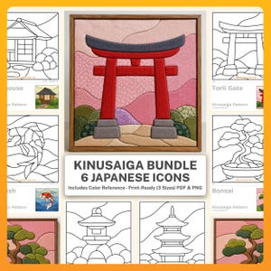 May include: A Kinusaiga bundle featuring six Japanese icons including a torii gate, house, koi fish, bonsai, lantern, and pagoda. The central image shows a fabric-textured torii gate in red, black, and grey, with pink and green landscape accents.
