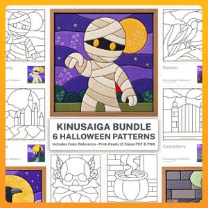 May include: A digital bundle of six Halloween Kinusaiga patterns featuring a central mummy illustration, a raven, a castle, a cemetery, a skull, and a cauldron. The text reads KINUSAIGA BUNDLE 6 HALLOWEEN PATTERNS Includes Color Reference - Print-Ready (3 Sizes) PDF & PNG.