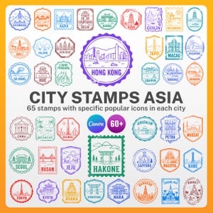 Może przedstawiać: Kolekcja kolorowych znaczków pocztowych w stylu line-art przedstawiających ikoniczne zabytki z różnych azjatyckich miast. Tekst CITY STAMPS ASIA 65 stamps with specific popular icons in each city jest wyśrodkowany. Poszczególne znaczki zawierają nazwy takie jak Hong Kong, Hakone, Tokyo i Dubaj.
