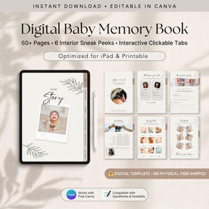 Puede incluir: Una plantilla digital de libro de recuerdos para bebés con más de 60 páginas, pestañas interactivas y seis vistas previas del interior. El diseño incluye una tableta que muestra una foto de un bebé, un lápiz óptico y vistas de página.