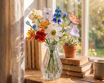 Custom Glass Birth Flower Bouquet, Mothers Day Gift for Mom Grandma, Stained Glass Floral Suncatcher, Eternal Flower Desk Decor with Vase