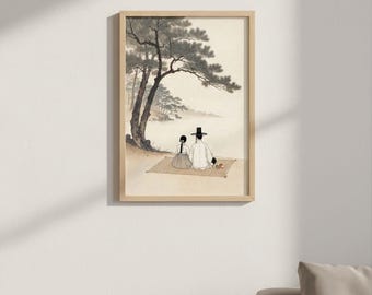 Cariño tranquilo junto al lago: arte de pareja al estilo Minhwa coreano