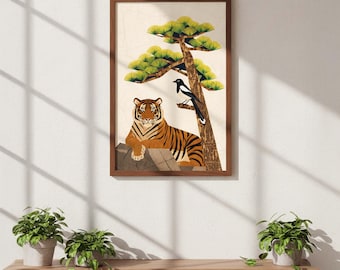 韓国の虎とカササギの版画、ムンベド絹本民芸品 - Etsy 日本