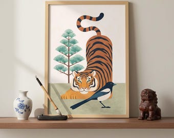 韓国の虎とカササギの版画、ムンベド絹本民芸品 - Etsy 日本