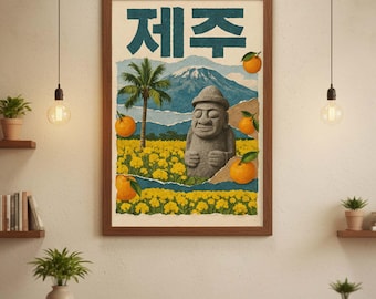 Jeju Island Vintage Collage Poster – Dol Hareubang & Tangerines