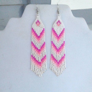 Native American Style Beaded Pink and White Earrings Shoulder Dusters Southwestern, Boho, Gypsy, Brick Stitch, Peyote, Great Gift image 4