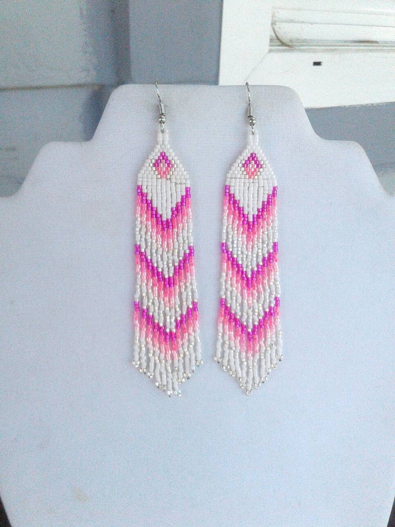 Native American Style Beaded Pink and White Earrings Shoulder Dusters Southwestern, Boho, Gypsy, Brick Stitch, Peyote, Great Gift image 4