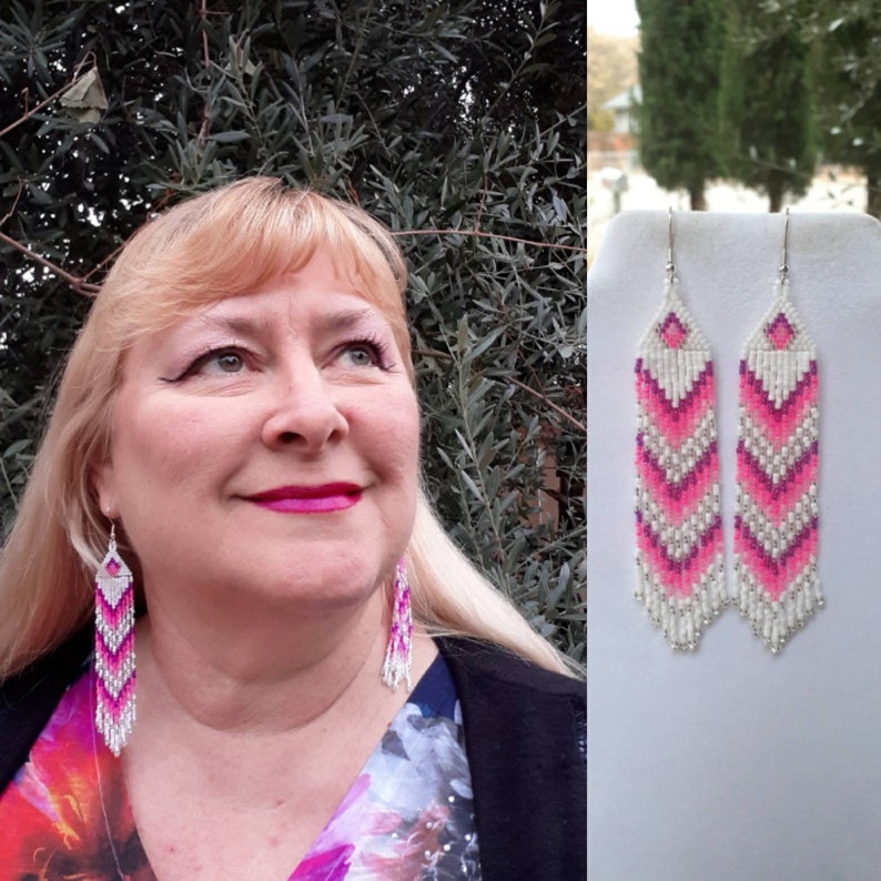 Native American Style Beaded Pink and White Earrings Shoulder Dusters Southwestern, Boho, Gypsy, Brick Stitch, Peyote, Great Gift image 8