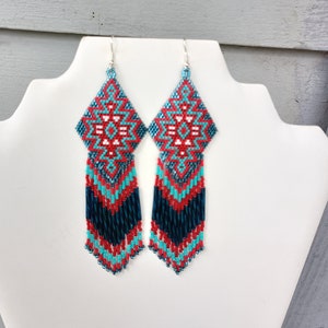 Native American Style Beaded Turquoise & Red Earrings Shoulder Duster Bohemian, Southwestern, Statement, Brick Stitch, Fringe Ready to Ship zdjęcie 5