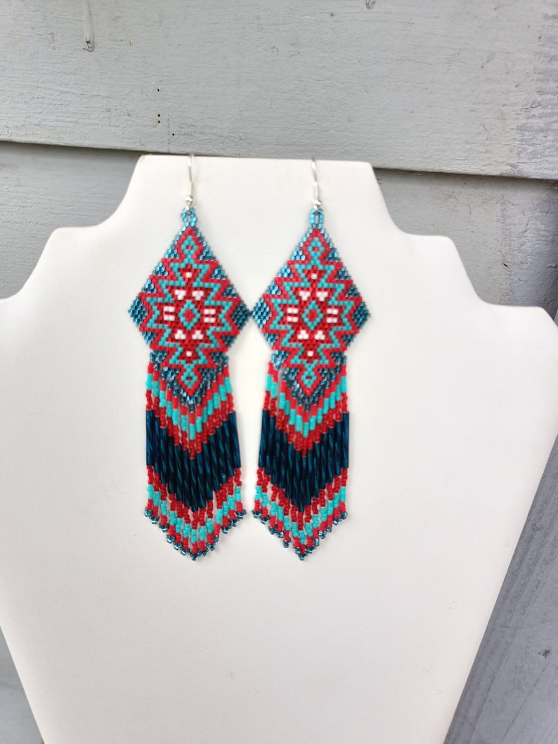 Native American Style Beaded Turquoise & Red Earrings Shoulder Duster Bohemian, Southwestern, Statement, Brick Stitch, Fringe Ready to Ship zdjęcie 5