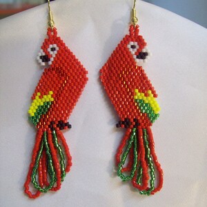 Beautiful Native Hand Beaded Red Yellow and Green Macaw Parrot Earrings Southwestern, Boho, Hippie, Peyote, Parrot Lover Earrings Great Gift image 2