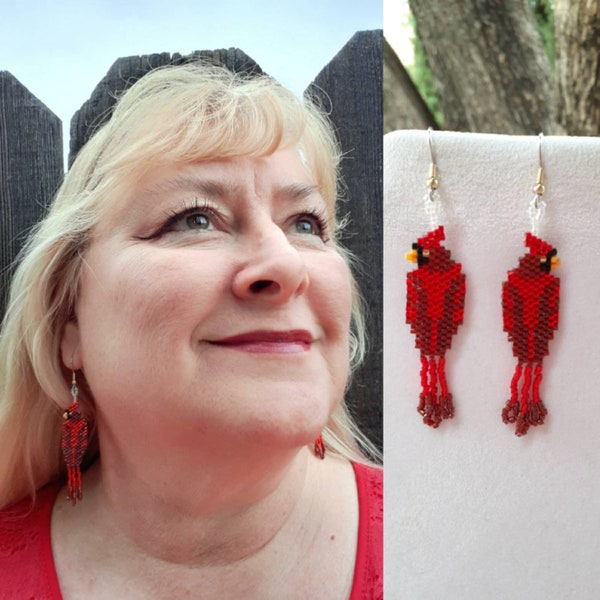 Native American Style Beaded Cardinal Earrings Wild Life Bird Southwestern, Boho, Peyote Brick Stitch Hippie Winter Great Gift