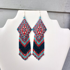 Native American Style Beaded Turquoise & Red Earrings Shoulder Duster Bohemian, Southwestern, Statement, Brick Stitch, Fringe Ready to Ship image 8