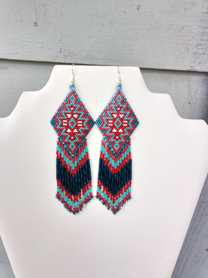 Native American Style Beaded Turquoise & Red Earrings Shoulder Duster Bohemian, Southwestern, Statement, Brick Stitch, Fringe Ready to Ship zdjęcie 8