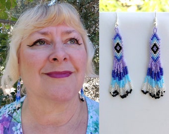 Native American Style Beaded Purple and Silver Earrings Southwestern, Boho, Hippie, Great Gift Counrty and Western, Brick Stitch, Gift