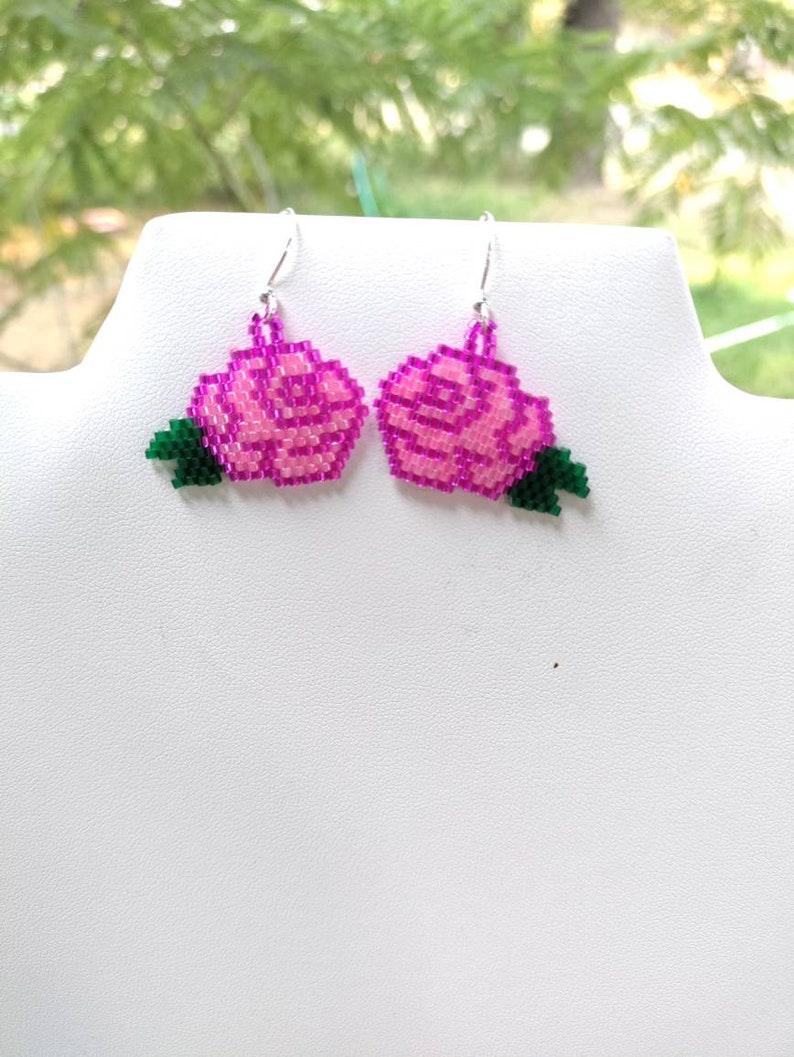 Beautiful Native American Style Beaded Pink Rose Flower Earrings Southwestern, Boho, Peyote Brick Stitch Great Gift image 3