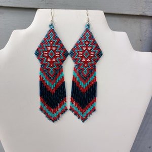 Native American Style Beaded Turquoise & Red Earrings Shoulder Duster Bohemian, Southwestern, Statement, Brick Stitch, Fringe Ready to Ship image 4
