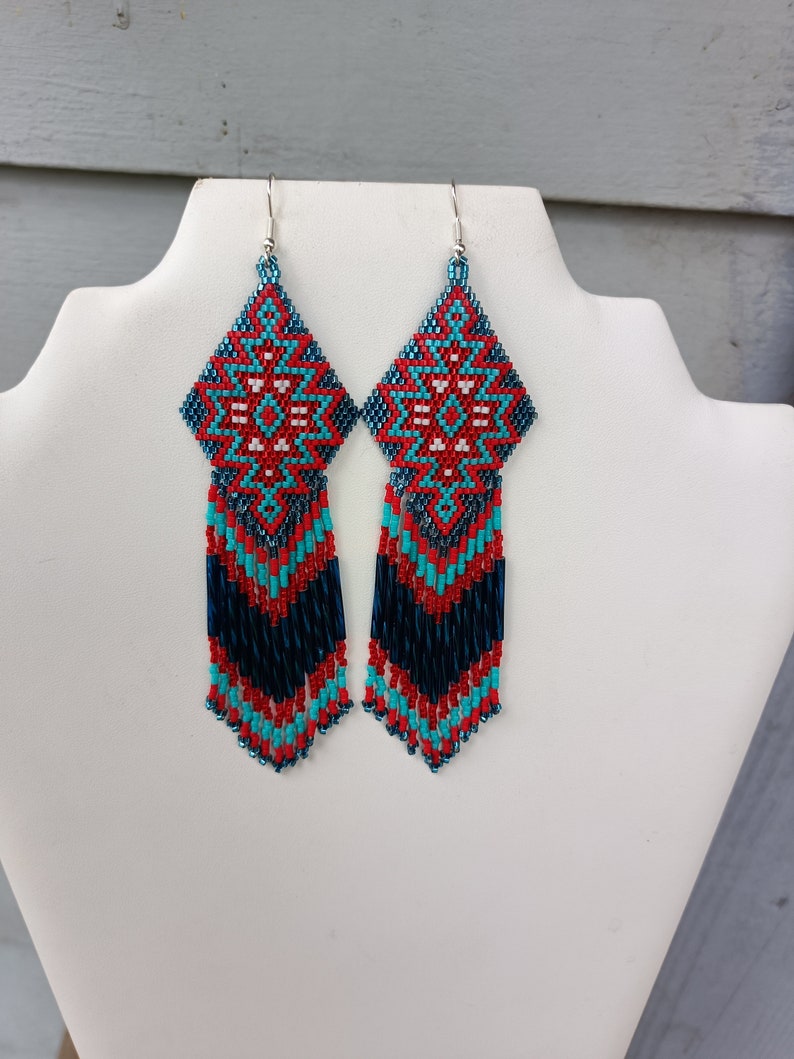 Native American Style Beaded Turquoise & Red Earrings Shoulder Duster Bohemian, Southwestern, Statement, Brick Stitch, Fringe Ready to Ship zdjęcie 4