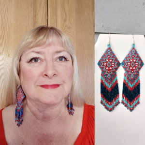 Native American Style Beaded Turquoise & Red Earrings Shoulder Duster Bohemian, Southwestern, Statement, Brick Stitch, Fringe Ready to Ship image 9