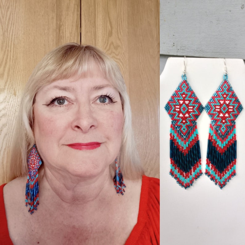 Native American Style Beaded Turquoise & Red Earrings Shoulder Duster Bohemian, Southwestern, Statement, Brick Stitch, Fringe Ready to Ship zdjęcie 9