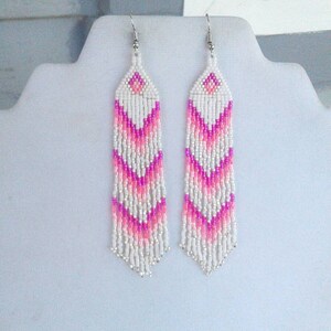 Native American Style Beaded Pink and White Earrings Shoulder Dusters Southwestern, Boho, Gypsy, Brick Stitch, Peyote, Great Gift image 3