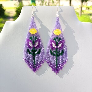 Native American Style Beaded Purple Color Flower Violet Earrings Brick Stitch Bohemian Southwestern Hippie Hand Made Great Gift Ready to Shi image 6