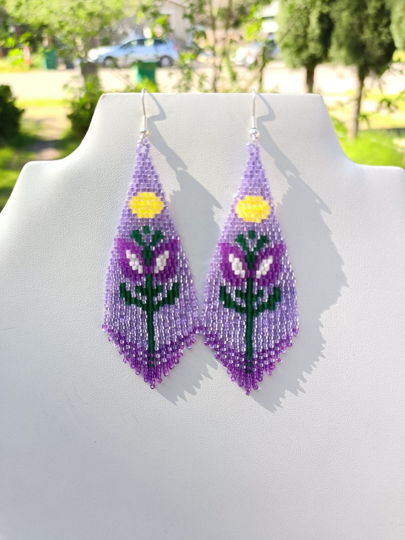 Native American Style Beaded Purple Color Flower Violet Earrings Brick Stitch Bohemian Southwestern Hippie Hand Made Great Gift Ready to Shi image 6