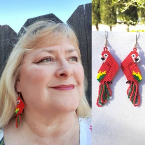 Beautiful Native Hand Beaded Red Yellow and Green Macaw Parrot Earrings Southwestern, Boho, Hippie, Peyote, Parrot Lover Earrings Great Gift image 1