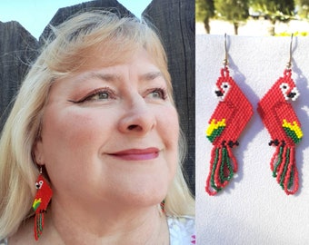 Beautiful Native Hand Beaded Red Yellow and Green Macaw Parrot Earrings Southwestern, Boho, Hippie, Peyote, Parrot Lover Earrings Great Gift