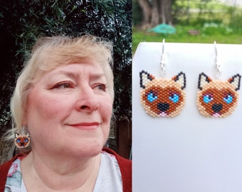 Beaded Siamese Cat Face Earrings Bohemian, Southwestern, Brick Stitch, Loom, Gypsy, Peyote, Animal Lover Earrings Great Gift Ready to Ship