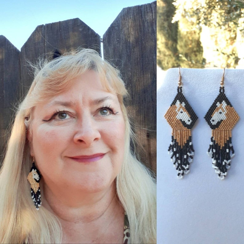 Native American Style Beaded Gold and White Horse Earrings Beautiful Southwestern, Boho, Gypsy, Brick Stitch, Peyote, Loom Great Gift image 1