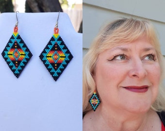 Native American Style Beaded Turquoise Blanket Earrings No Fring Southwestern, Brick Stitch, Gypsy, Rug, Tribal Great Gift Ready to Ship