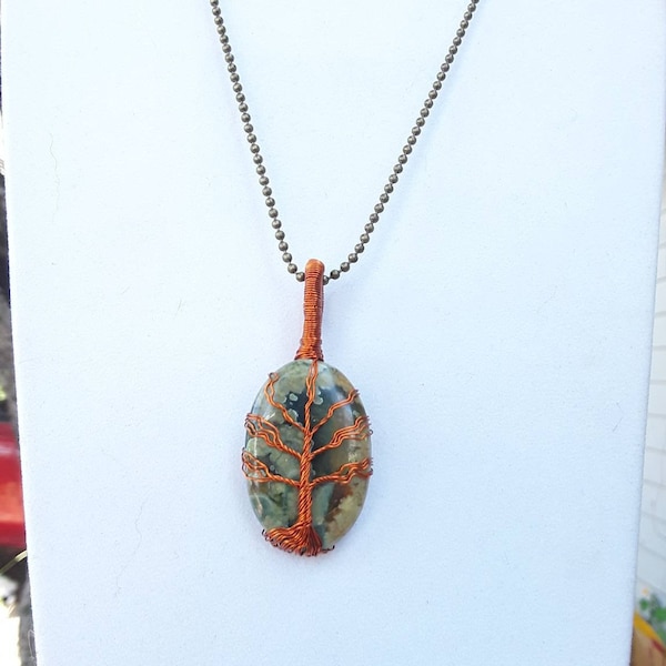 Copper Wire Wrapped Tree of Life Rhyolite Green Stone Statement Necklace Southwestern, Hippie, Native, Bohemian Ready to Ship