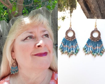 Beaded Fringe Hoop Earrings Turquoise Copper Delica stone Native, Southwestern, Gypsy Peyote stitch Brick Stitch Gift Ready to Ship