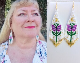 Native American Style Beaded Purple Color Flower Earrings Brick Stitch Gypsy Bohemian Southwestern Hippie Hand Made Great Gift Ready to Ship