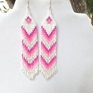 Native American Style Beaded Pink and White Earrings Shoulder Dusters Southwestern, Boho, Gypsy, Brick Stitch, Peyote, Great Gift image 2