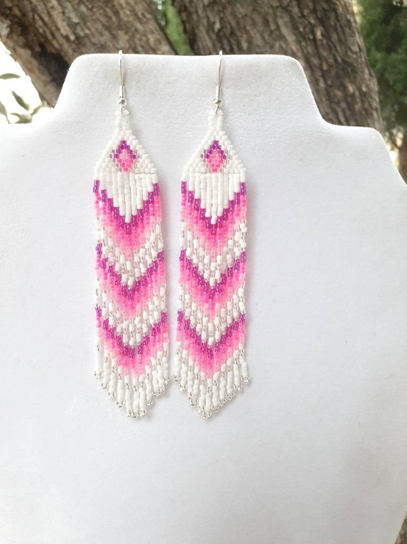 Native American Style Beaded Pink and White Earrings Shoulder Dusters Southwestern, Boho, Gypsy, Brick Stitch, Peyote, Great Gift image 2