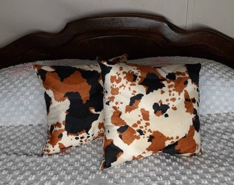 Faux Fur Black Tan and Copper Cow Pillows Set of 2, 15 X 15 Great Gift and Nice Cow Decor Living Room, Bed Room, Den, Man Cave Ready to Ship