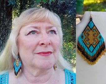 Native American Style Beaded Turquoise, Gold, Bronze Earrings Bohemian, Southwestern, Statement, Brick Stitch, Fringe Great Gift