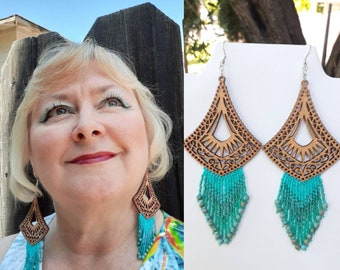 Bohemian Turquoise Beaded shoulder duster wood Earrings Ethnic, African, Statement, Southwestern, Light, Native, Great Gift Ready to Ship