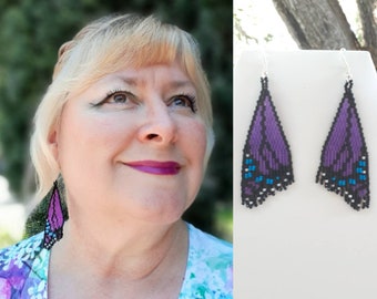 New Native American Style Beaded Monarch Purple Black Butterfly Wings Earrings Bohemian, Southwestern, Hippie, Great Gift